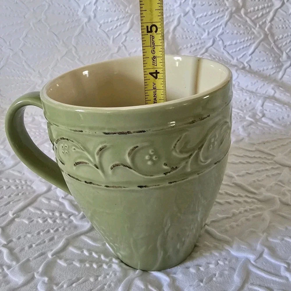 Pier 1 Imports Antique Floral Mint Green Set Of 3 Coffee Mugs Tea Cups Stoneware